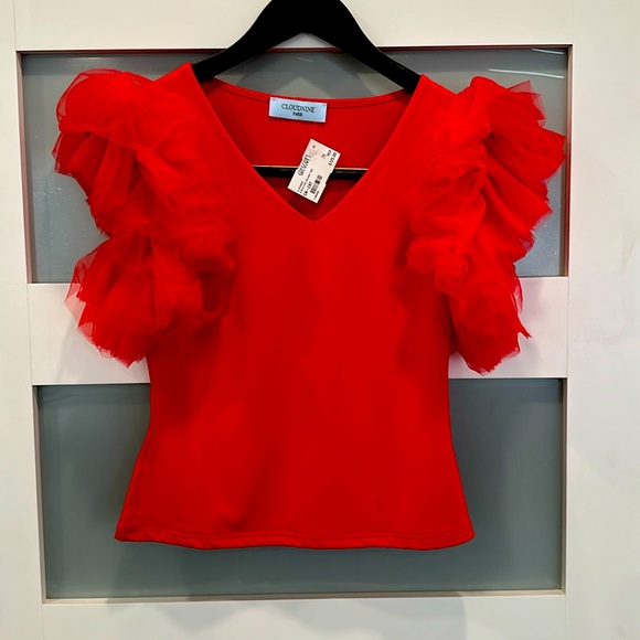 Adorable, New, Cherry-Red Top w Tulle trim Perfect for Gameday & fun events! - Picture 1 of 6